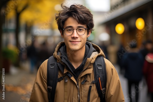 Portrait of a student standing on the street with a backpack