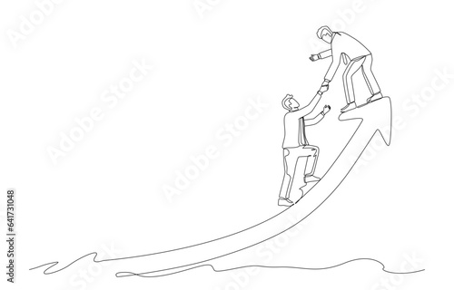 Continuous one-line drawing of businessman helping colleague to climb up rising arrow, collaboration and mentorship concept, single line design vector illustration.
