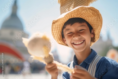 Close-up portrait photography of a grinning boy in his 20s miming a 'talking' hand puppet showing off a whimsical sunhat at the blue mosque in istanbul turkey. With generative AI technology photo