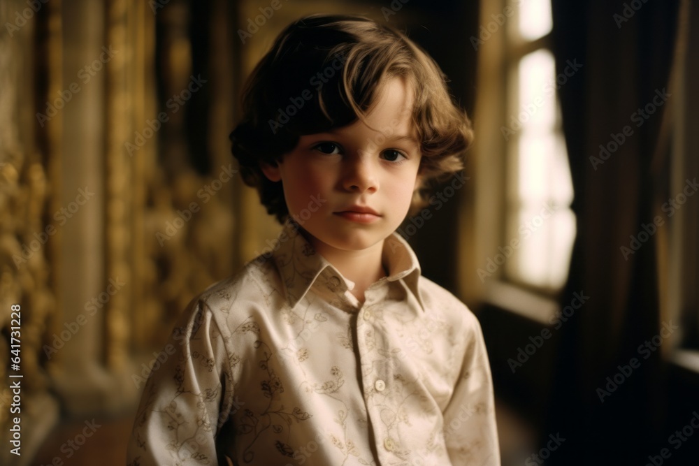 Photography in the style of pensive portraiture of a tender kid male smirking wearing a delicate silk blouse at the chateau de chambord in chambord france. With generative AI technology Photography in the style of pensive portraiture of a tender kid male smirking wearing a delicate silk blouse at the chateau de chambord in chambord france. With generative AI technology