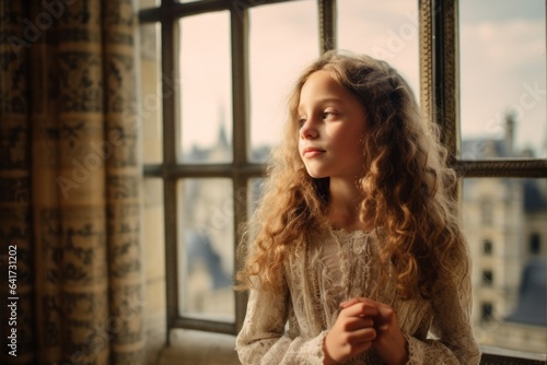 Photography in the style of pensive portraiture of a happy kid female cupping hand behind ear wearing an intricate lace top at the chateau de chambord in chambord france. With generative AI technology