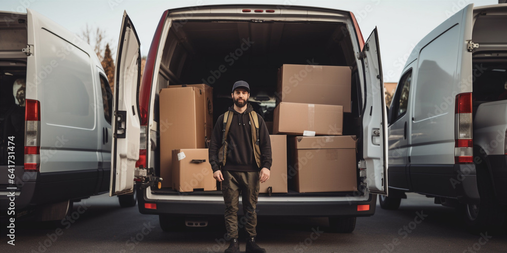 Worker unloads things from a truck. Worker unloads things from a truck.