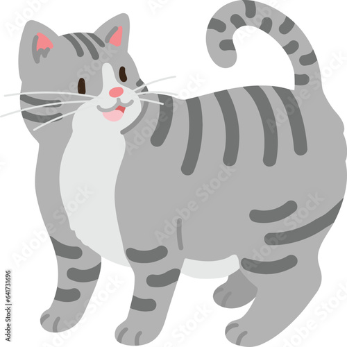 Simple and adorable illustration of happy grey tabby cat talking flat colored