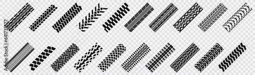 Tire tread print or truck tracks set isolated on transparent background. Grunge motor race track, wheel tires protector pattern and dirt wheels imprint texture vector illustration set.EPS 10