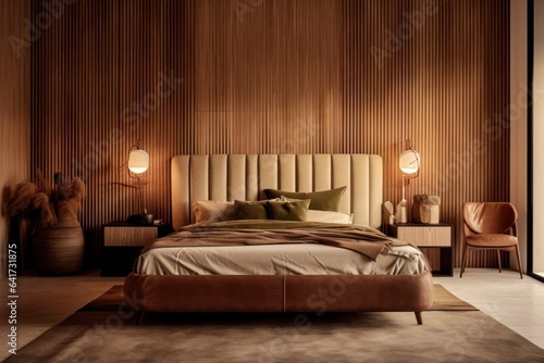 Lavish Bedroom with Designer Furniture, High Ceilings, and Elegant Decorative Accents..Wood accents and natural light
