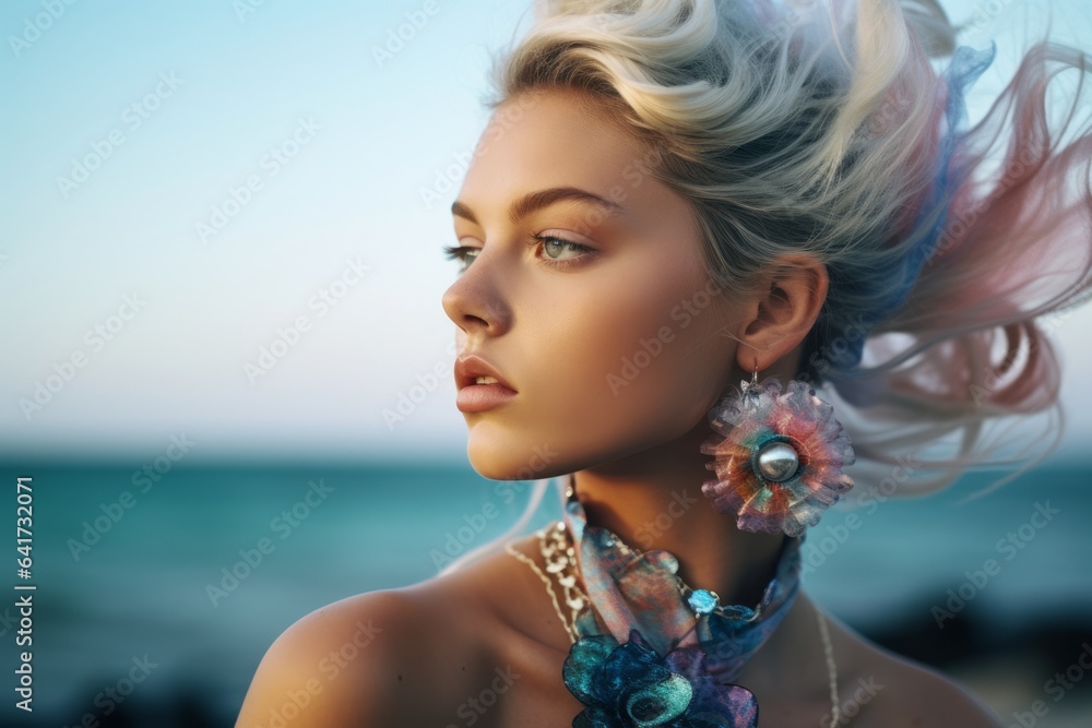 Close-up portrait photography of a content girl in her 20s blowing a bubblegum donning an ornate brooch at the great barrier reef in queensland australia. With generative AI technology - obrazy, fototapety, plakaty 