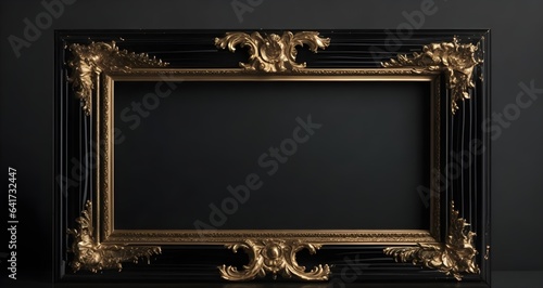 Black Wooden Frame with Intricate Golden Decor on Noir Background © Adam
