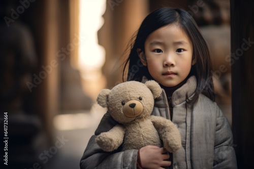 Close-up portrait photography of a glad kid female holding a teddy bear wearing a chic cardigan at the mausoleum of the first qin emperor in xian china. With generative AI technology