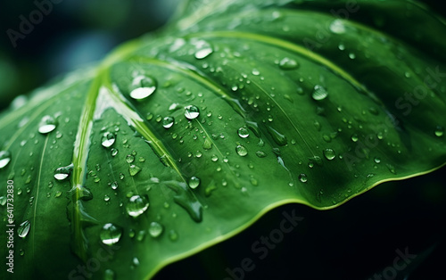 Water drops on Monstera leaf, nature background