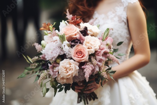 Beautiful wedding bouquet in hands of the bride. Close-up. Wedding concept with copy space.
