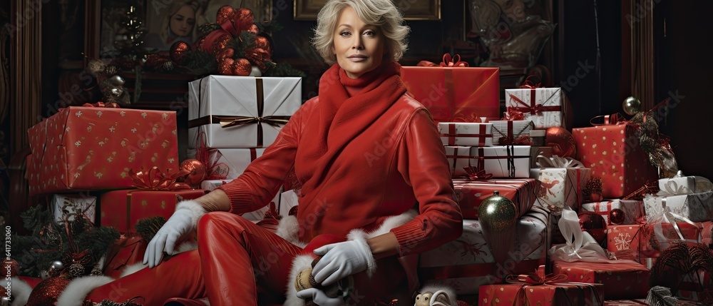 Model portraying a modern-day Mrs. Claus, amidst a setting of wrapped gifts and festive ornaments, reimagining classic Christmas tales