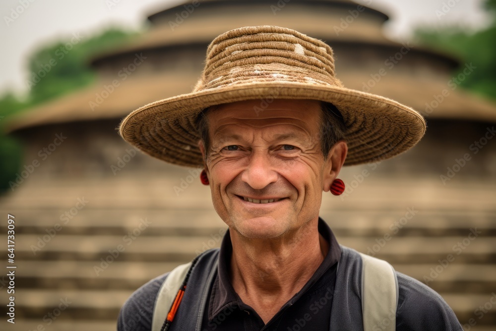 Photography in the style of pensive portraiture of a happy mature man winking showing off a whimsical sunhat at the mausoleum of the first qin emperor in xian china. With generative AI technology