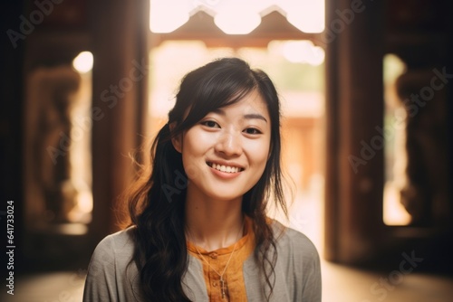 Headshot portrait photography of a joyful girl in her 30s hand on heart donning a trendy cropped top at the mausoleum of the first qin emperor in xian china. With generative AI technology