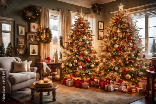 christmas tree with presents, christmas tree with christmas decorations, 