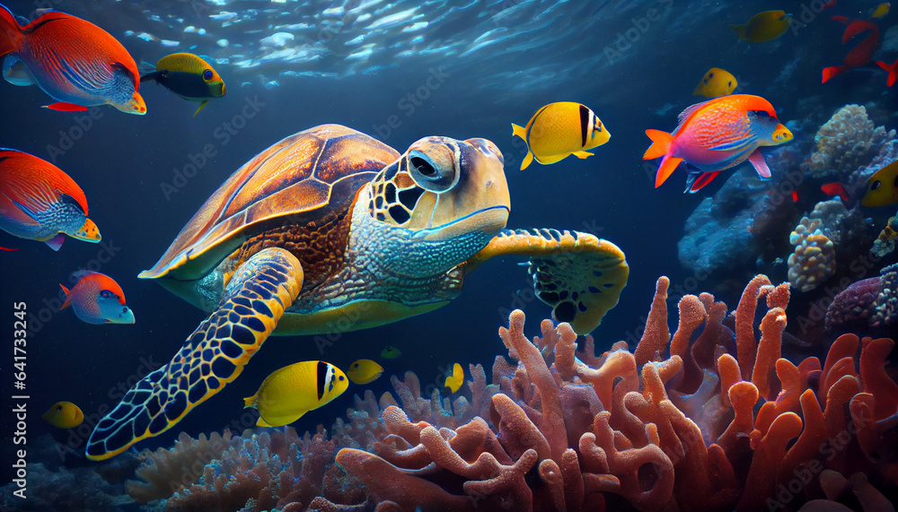 Turtle with group of colorful fish and sea animals with colorful coral ...