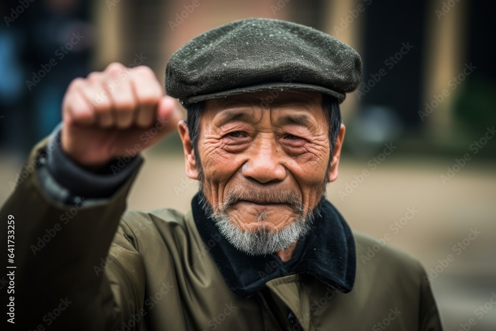 Close-up portrait photography of a jovial mature man shaking fist wearing a stylish beret at the mausoleum of the first qin emperor in xian china. With generative AI technology Close-up portrait photography of a jovial mature man shaking fist wearing a stylish beret at the mausoleum of the first qin emperor in xian china. With generative AI technology