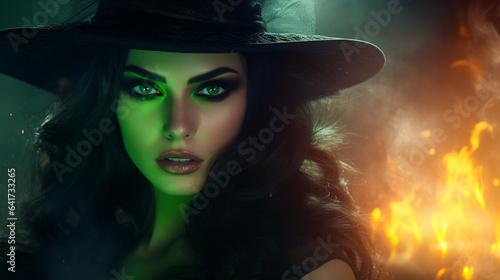 Beautiful young woman in witch halloween carnival costume on shiny nature background. Generative AI