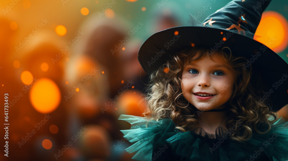 Smiling happy little girl in halloween carnival witch costume. Shiny lights and bokeh background. Festive banner with copy space. Generative AI Smiling happy little girl in halloween carnival witch costume. Shiny lights and bokeh background. Festive banner with copy space. Generative AI