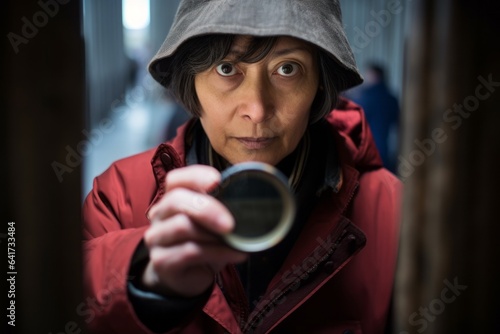 Close-up portrait photography of a content mature woman holding a magnifying glass wearing a trendy bomber jacket at the mausoleum of the first qin emperor in xian china. With generative AI technology photo