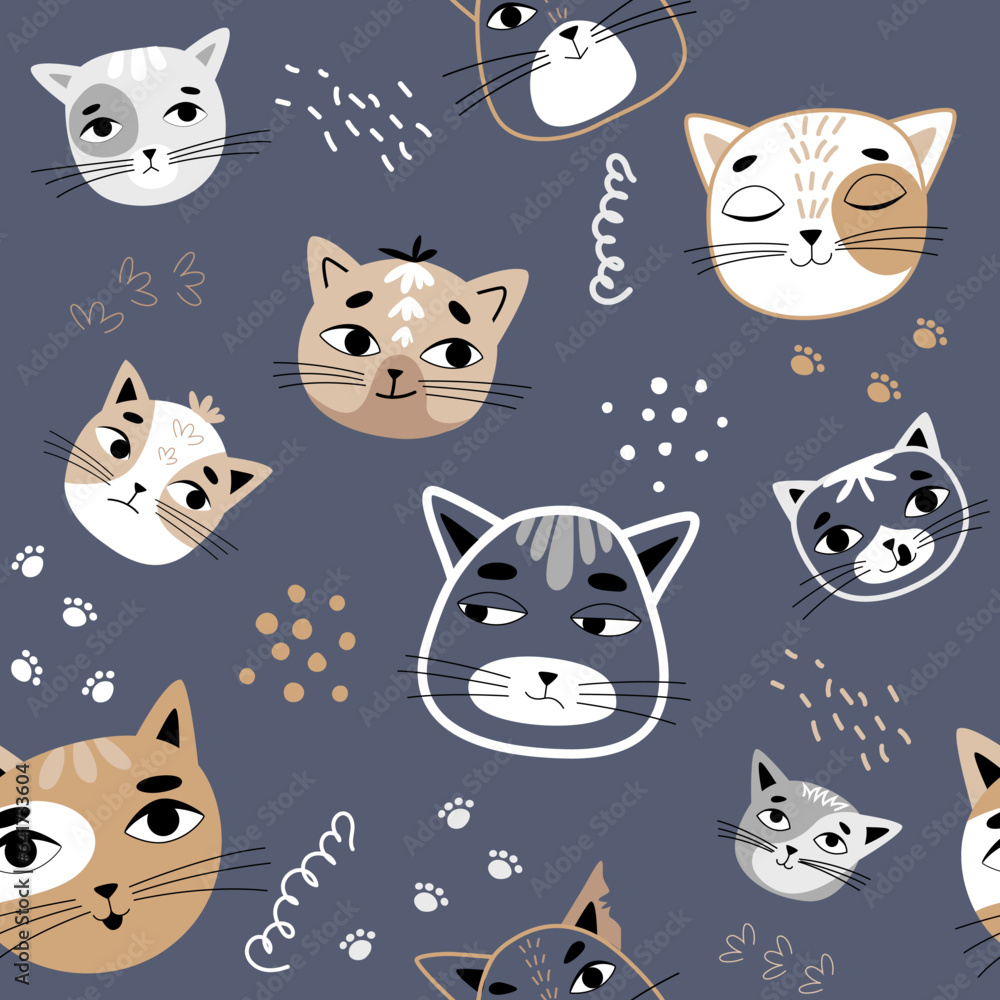 Vector seamless children's pattern with cat faces on a blue background. Suitable for baby prints, baby room decor, wallpapers, wrapping paper, stationery, scrapbooking, etc. Vector seamless children's pattern with cat faces on a blue background. Suitable for baby prints, baby room decor, wallpapers, wrapping paper, stationery, scrapbooking, etc.