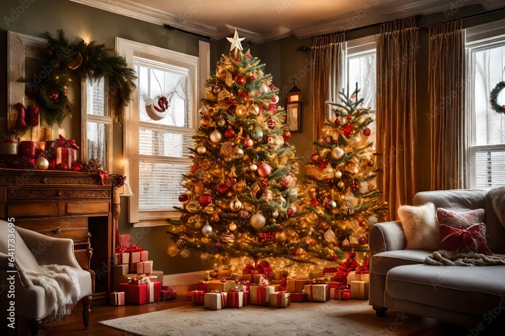 christmas tree with presents, christmas tree with christmas decorations, 