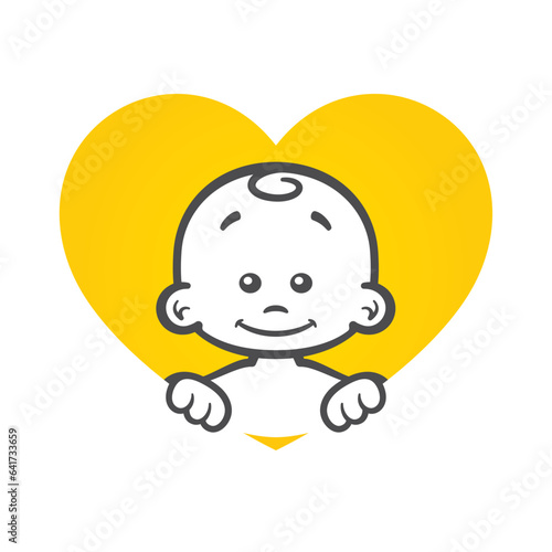 Vector yellow heart sign with cute and little child head figure. Isolated white background.