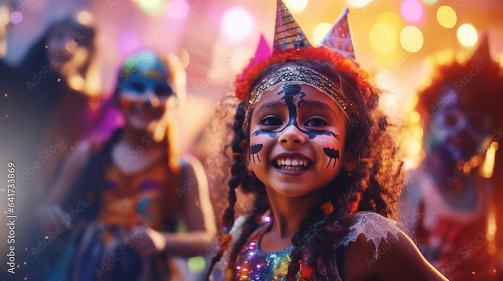 Banner with happy smiling kid in halloween carnival costume. Shiny colored lights. Bokeh. Copy space. Generative AI