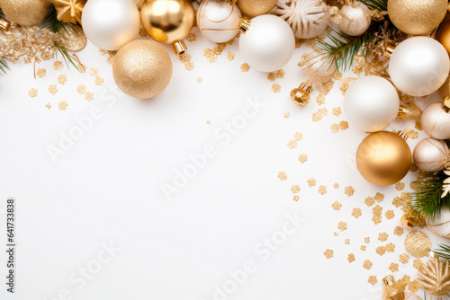 christmas decorations in gold colors on white background with empty copy space for text. holiday and celebration concept for postcard or invitation. top view