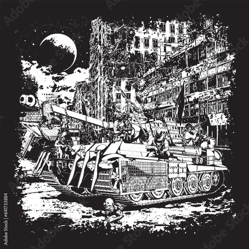 Post-apocalyptic tank with stalkers rides through the ruins of the city killing zombies