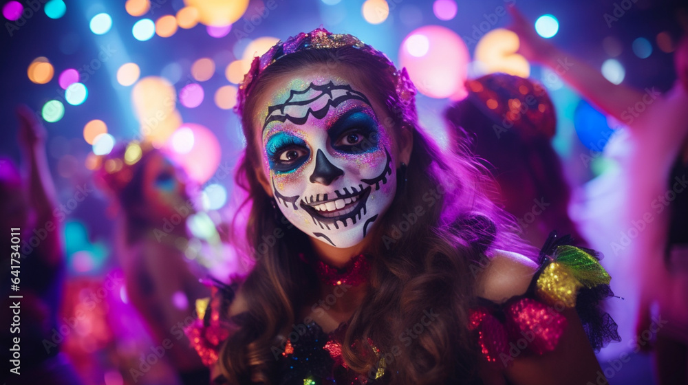 Halloween party in night club. Smiling woman in carnival costume and with mexican makeup, flowers and skull. Shiny colored lights. Day of the dead. Generative AI 