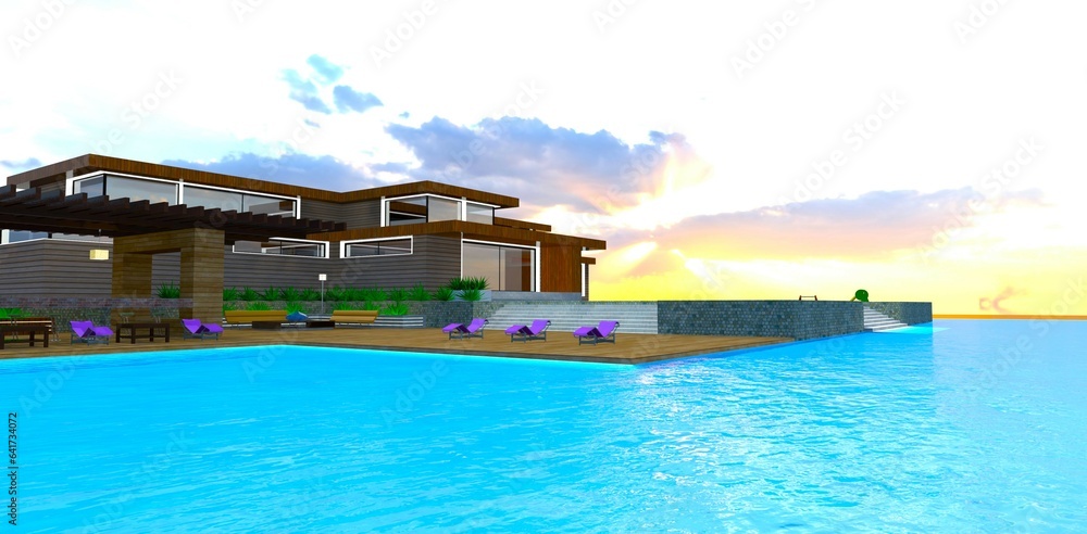 Distant sun behind the clouds visible from the pool surface near the house with wooden facade. 3d rendering.