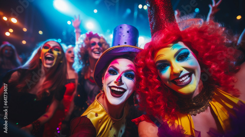 Halloween party in night club. Smiling happy people dancing in carnival costume and with festive makeup with skull. Shiny colored lights. Generative AI
