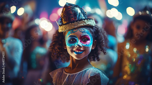 Banner with happy smiling kid in halloween carnival costume. Shiny colored lights. Bokeh. Copy space. Generative AI