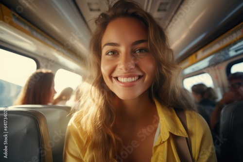 Smiling woman standing between passenger seats of tourist bus travel tourism