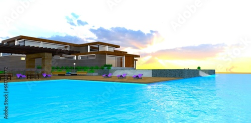 Distant sun behind the clouds visible from the pool surface near the house with wooden facade. 3d rendering.