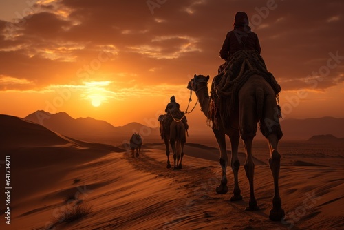 Desert camel trek with a sunset and a berber