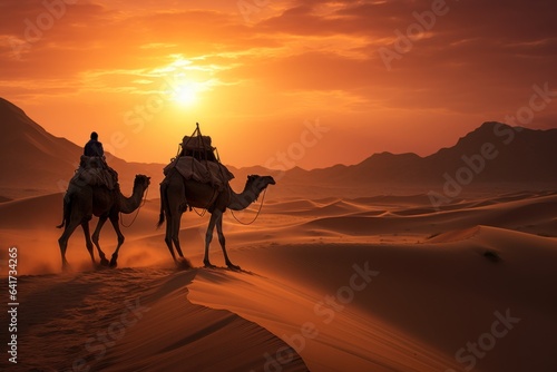 Desert camel trek with a sunset and a berber © sirisakboakaew