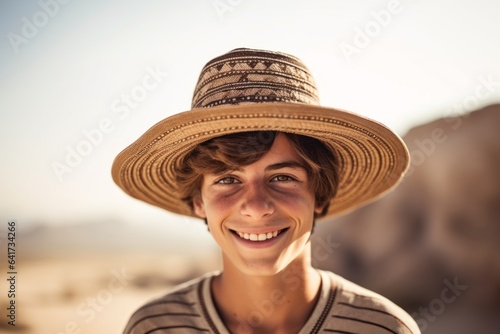 Close-up portrait photography of a glad boy in his 20s cupping hand behind ear showing off a whimsical sunhat at the masada in southern district israel. With generative AI technology