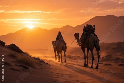 Desert camel trek with a sunset and a berber