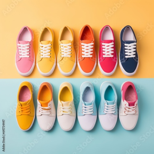 Top view of multicolored female summer sneakers on turquoise and orange background