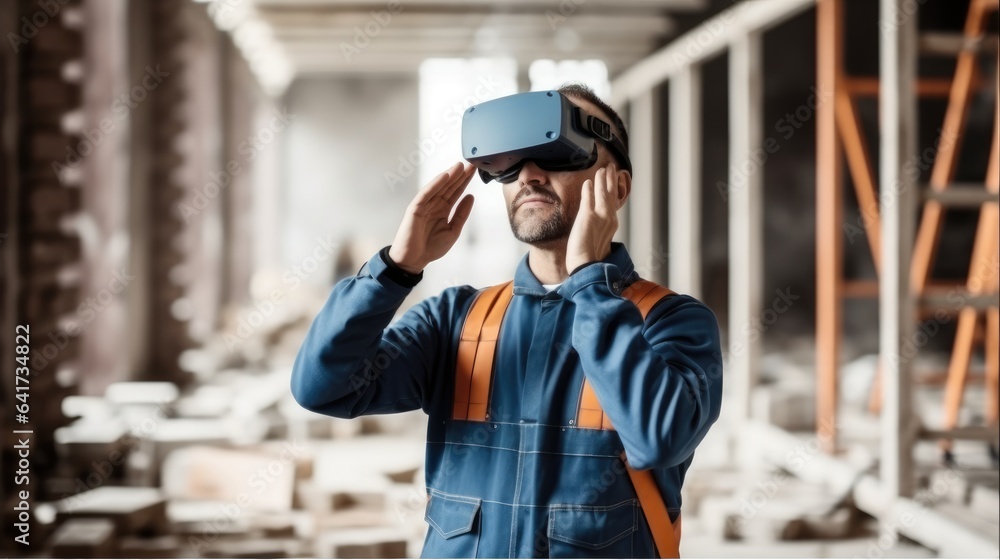 Builder projecting with VR glasses future interior at the construction site, Analyzing Building Structure. Builder projecting with VR glasses future interior at the construction site, Analyzing Building Structure.
