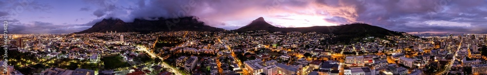 Aerial view of Cape Town city centre at sunset in Western Cape, South Africa