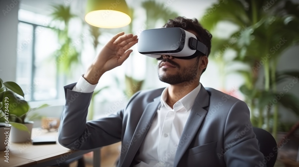 Businessman using virtual reality headset in the office, Virtual Reality Simulator and Gesturing. Businessman using virtual reality headset in the office, Virtual Reality Simulator and Gesturing.