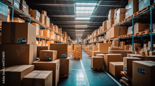 Boxes in mega store industrial, industrial logistics concept. © visoot