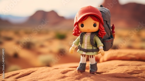 Red hair toy doll hiking across vast desert landscape, distant mountains and never ending rocky valleys, warm summer heat, intense sunshine - generative AI 