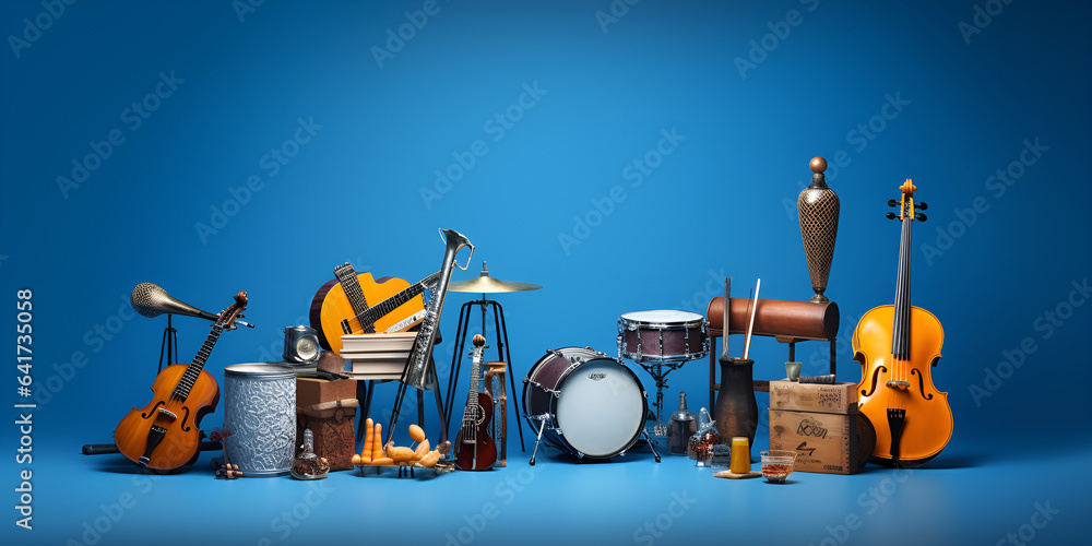 Different musical instruments on blue background banner with copy space for text advertising logo piano guitar saxophone drums music school concept musical education 3d rendering, generative Ai - obrazy, fototapety, plakaty 