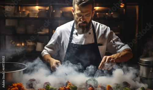 Fototapeta Naklejka Na Ścianę i Meble -  Chef are preparing food grilled in a pan, Cooking in a restaurant kitchen.