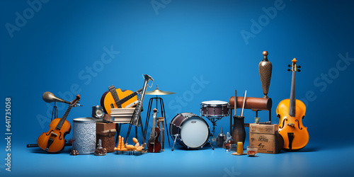 Different musical instruments on blue background banner with copy space for text advertising logo piano guitar saxophone drums music school concept musical education 3d rendering, generative Ai