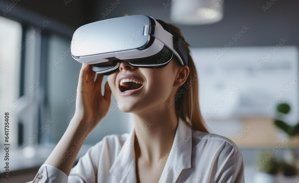 Excited woman wearing virtual reality testing new metaverse in office, Interacting with virtual reality. Excited woman wearing virtual reality testing new metaverse in office, Interacting with virtual reality.