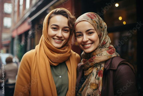 Muslim women of various backgrounds wearing different hijab styles, celebrating the diversity of traditions within Islam. Generative AI © bluebeat76